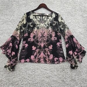 Boston Proper Shirt Womens 6 Black Pink Sheer Bell Sleeve Whimsigoth Witchy Y2K